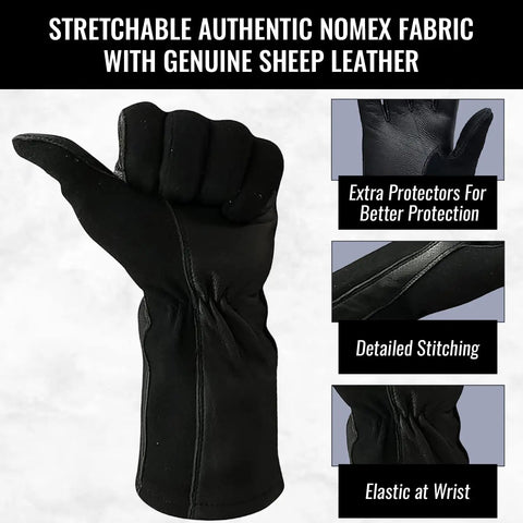 Heat Resistant Leather Work Gloves for Men and Women, Soft Sheepskin Protective Gloves, detailed stitching, elastic wrist closure.