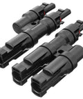 Two To One T Branch Solar Panel Connector For PV Systems MFF And FMM Compatibility Just Snap In Design 1000V To 1500V DC 30A IP67 Waterproof Up To 221F Operating Temp Easy Install, showing multiple connectors.