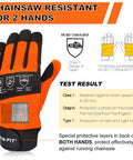 Orange and black Pro Grade Chainsaw Gloves For Full Hand Protection With Cut Resistant Tech EN ISO 11393 4 Class 1 EN 388 4122X CAT III