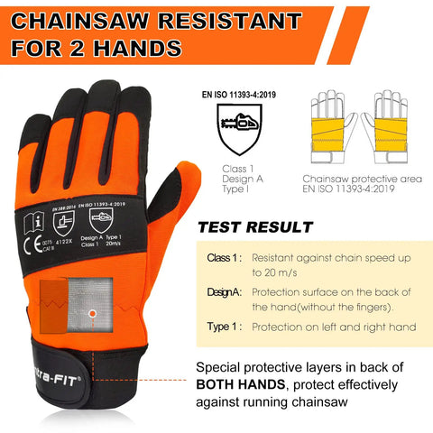 Orange and black Pro Grade Chainsaw Gloves For Full Hand Protection With Cut Resistant Tech EN ISO 11393 4 Class 1 EN 388 4122X CAT III