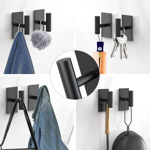 Self Adhesive Aluminum Hooks Heavy Duty Wall Mount Hangers No Drill Stick On For Towel Coat Robe Shower Bedroom Kitchen Black 6 Pack Rust Resistant, holding various items in a room setting