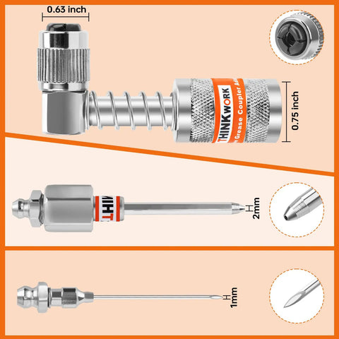 4 Piece Quick Connect Greasing Accessory Kit With 90 Degree Coupler, Grease Needle Dispenser And Nozzles, Cleaning Tool.