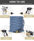 NAVOHEVEN 3/8 in ID pressure washer hose, 100 ft navy blue, steel-braided, 4800 PSI with 3/8 in swivel quick-connect.