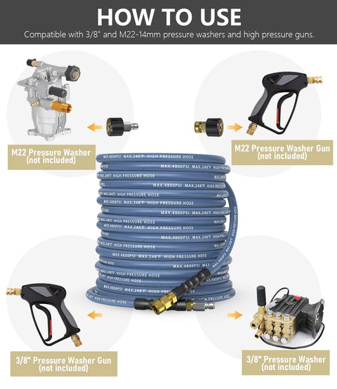 NAVOHEVEN 3/8 in ID pressure washer hose, 100 ft navy blue, steel-braided, 4800 PSI with 3/8 in swivel quick-connect.