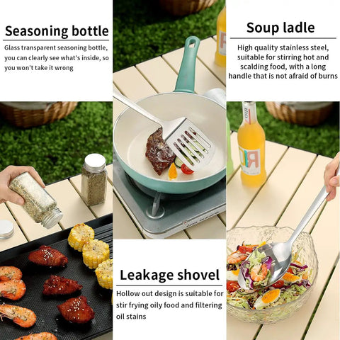 Ultimate Must Have Camping Utensil Set For Outdoors RV Campers Includes Tongs Spatula Knife Scissors Spoons Bottle Opener Cutlery and Serving Utensils displayed on a picnic table with cooking and seasoning tools