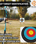 Pro Grade Backyard Archery Target Paper 31.5 By 31.5 Inches Thick 14mm with 10 ring scoring, archer aiming at target outdoors.