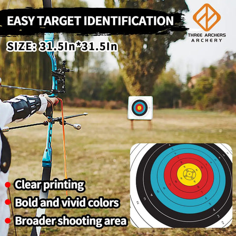 Pro Grade Backyard Archery Target Paper 31.5 By 31.5 Inches Thick 14mm with 10 ring scoring, archer aiming at target outdoors.
