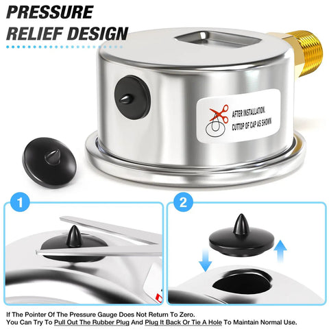 Close-up of pressure relief design on stainless steel dry pressure gauge 0 to 60 psi with installation instructions.