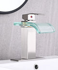 Dope LED Temperature Sensing Waterfall Vanity Faucet in Brushed Nickel with Wide Glass Spout on Sink