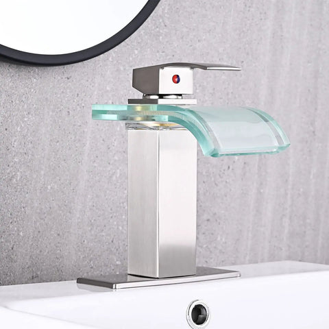 Dope LED Temperature Sensing Waterfall Vanity Faucet in Brushed Nickel with Wide Glass Spout on Sink