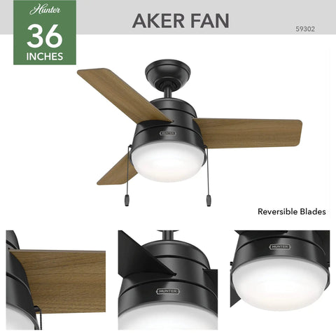 36 Inch Indoor Ceiling Fan With LED Light And Pull Chain, Quiet 3-Blade Modern Fan, Matte Black Finish, Wood Blades, Close-up Views