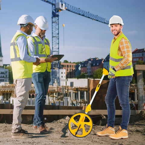 Engineer using Workhorse Digital Measuring Wheel With Backlit Display, Foldable Three-Section Design on construction site.