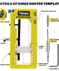 Router Template Hinge Mortiser For 3 To 5 Inch Hinges No Fuss Fit, Square Or Radius Corner Styles, One Quarter To Five Eighths Inch Mortise, Accurate Positioning, Easy Setup For DIY Woodworking And Cabinet Projects kit showing tools, bits, and a hex wrench.