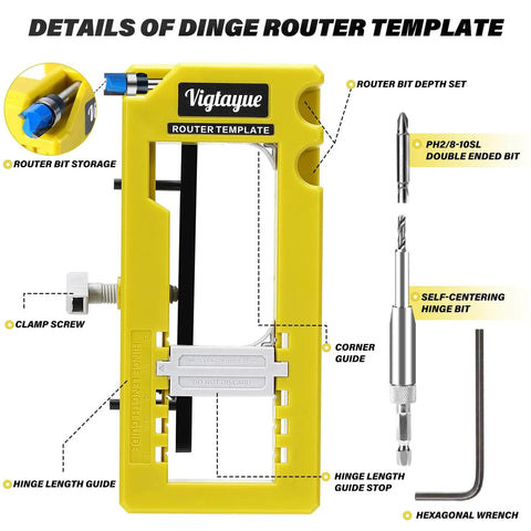 Router Template Hinge Mortiser For 3 To 5 Inch Hinges No Fuss Fit, Square Or Radius Corner Styles, One Quarter To Five Eighths Inch Mortise, Accurate Positioning, Easy Setup For DIY Woodworking And Cabinet Projects kit showing tools, bits, and a hex wrench.