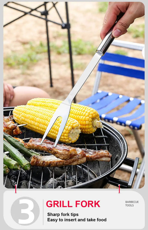 Person using stainless steel grill fork from Stainless Steel Grill Tool Set With Chef Spatula Tongs And Fork Outdoor Barbecue Utensils Kit on grill.