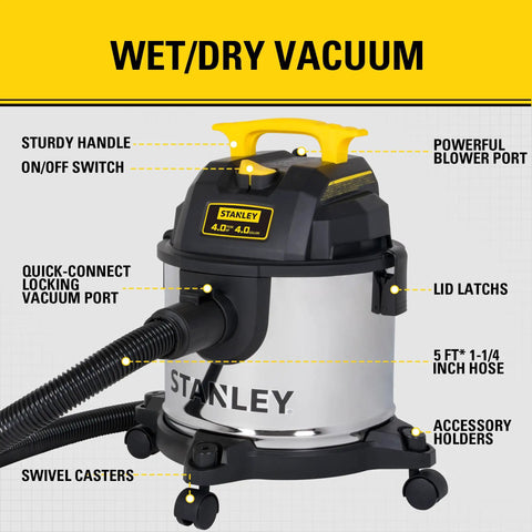 4 Gallon Wet And Dry Shop Vac With 4 Peak HP Stainless Steel Tank 3 In 1 Blower Heavy Suction Portable Top Handle Vacuum
