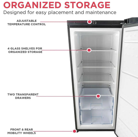 Interior view of 10 Cu Ft Upright Convertible Refrigerator And Freezer Box featuring 4 glass shelves and 2 drawers.