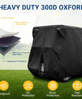 Six Passenger Golf Cart Storage Cover For EZGO Club Car And Yamaha showing heavy-duty 300D fabric with PU coating and features