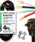 Heavy Duty 4 Wire Range Cord 50 Amp 4 Feet With Right Angle Plug And Strain Relief Durable Ring Terminals