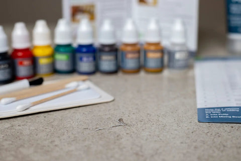 Mix2Match Countertop and Backsplash Repair Kit for Stone, Tile, Laminate, Concrete, and Wood Surfaces with tools on surface