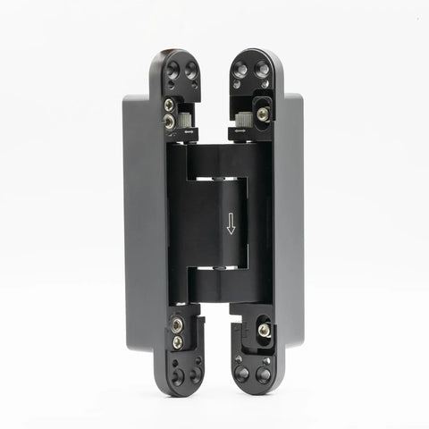 Heavy Duty Self Closing Hidden Door Hinges Holds 120 Lbs Rock Solid Concealed Hardware viewed from the front, matte black steel design.
