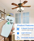 Hand holding Two Pack Universal Ceiling Fan Remote Kit With Light Dimmer And Three Speed Receiver, fan and product features visible
