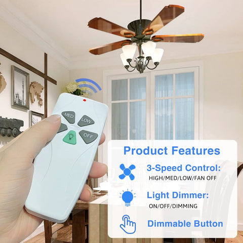 Hand holding Two Pack Universal Ceiling Fan Remote Kit With Light Dimmer And Three Speed Receiver, fan and product features visible