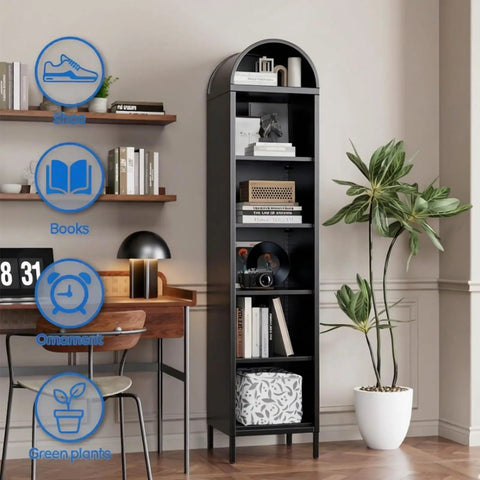 73 Inch Tall Arched Metal Bookshelf With 5 Shelves Heavy Duty Steel Construction Adjustable Shelves Industrial Display Rack
