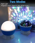 Awesome Kids Night Light Moon And Star Projector with 360 Degree Rotation, showing two modes with LED bulbs and USB cable.