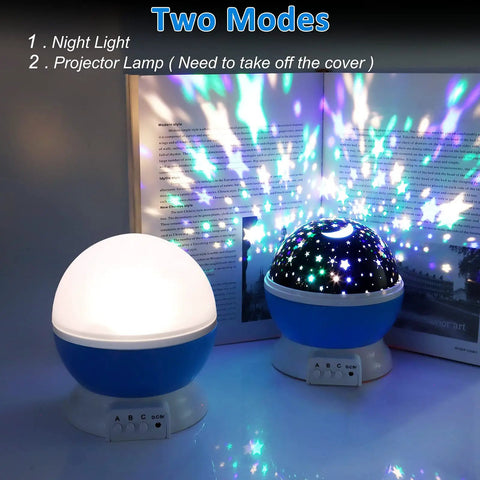 Awesome Kids Night Light Moon And Star Projector with 360 Degree Rotation, showing two modes with LED bulbs and USB cable.