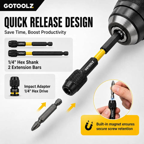 All In One 14 Piece Impact Socket Adapter Kit With Quick Release Magnetic Drill Bit Extensions, 1/4 Hex Shank Bar