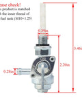 Gas Tank Fuel Switch Valve Petcock With 10x1.25 Threading, 90 Degree On Off, Universal Generator Fuel Valve front view with dimensions