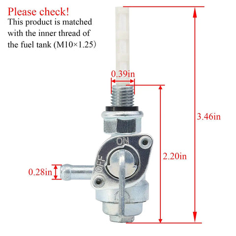 Gas Tank Fuel Switch Valve Petcock With 10x1.25 Threading, 90 Degree On Off, Universal Generator Fuel Valve front view with dimensions