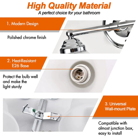 Two Light Chrome Vanity Wall Sconce Lighting With Frosted Glass Shade showcasing polished finish, E26 base, and wall-mount plate.