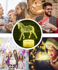 Collage featuring Horse Night Light for Kids Room With 16 Color Change Remote and Smart Touch, So Cool Horse Lamp Gift for Girls Ages 3 to 12, Vivid 2D Laser Engraved Horse Visual, Perfect Birthday Decor in center with families, parties, and celebrations around.