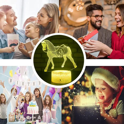 Collage featuring Horse Night Light for Kids Room With 16 Color Change Remote and Smart Touch, So Cool Horse Lamp Gift for Girls Ages 3 to 12, Vivid 2D Laser Engraved Horse Visual, Perfect Birthday Decor in center with families, parties, and celebrations around.
