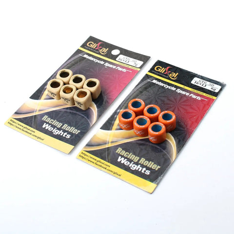 Two packs of motorcycle racing roller weights, beige and orange, displayed on a white surface