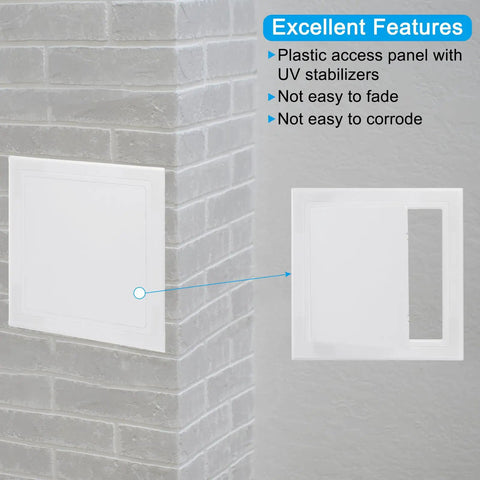 Straight Up Heavy Duty Self Adhesive Access Panel For Drywall Pipes And Electrical Wires ABS Plastic Utility Cover White mounted on a wall.