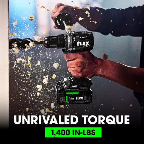 Built Different 24V Brushless Cordless Drill Driver Kit With Two 2.0Ah Stacked Lithium Batteries And Quick Charge Pack Offering 1400 Inch Pound Torque Beast Mode And Two Speed Options For Serious Site Work during use, showcasing powerful drilling action.