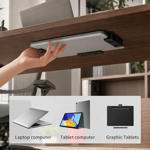 Hand placing laptop on Rock Solid Under Desk Laptop Mount Built Tough Adjustable Metal Shelf, perfect for tablets and keyboards.