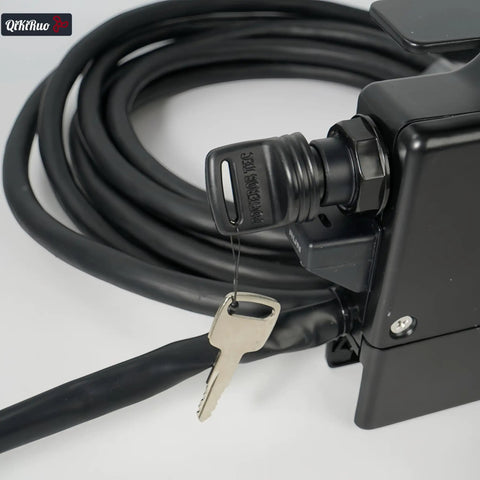 Side Mount Outboard Throttle Remote Control Box With 8 Pin Connector For Boats And Marine Engines, key inserted, black housing.