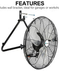 20 Inch High Velocity Floor Fan With 3 Speed Settings Up To 5200 CFM Heavy Duty Metal Industrial Fan on wall bracket