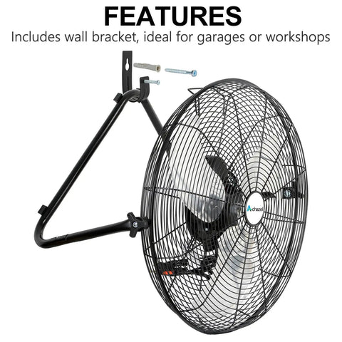 20 Inch High Velocity Floor Fan With 3 Speed Settings Up To 5200 CFM Heavy Duty Metal Industrial Fan on wall bracket