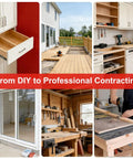 Collage of indoor and outdoor home improvement projects, including cabinetry, decking, and workshop setup with tools.