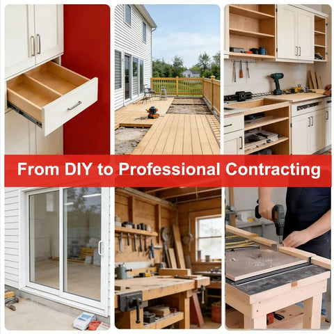 Collage of indoor and outdoor home improvement projects, including cabinetry, decking, and workshop setup with tools.