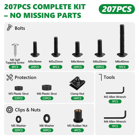 Premium 304 Stainless Steel Black Motorcycle Fairing Bolt Kit M5 And M6 Hex Head Fasteners Corrosion Resistant Hardware with 207 pieces.
