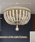 Boho Wood Beaded Chandelier With Two Lights Rustic Oak Finish, measures 13in wide by 10in tall, semi flush mount in living room.