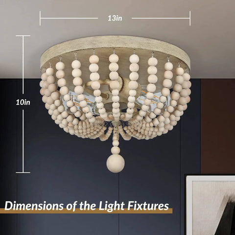 Boho Wood Beaded Chandelier With Two Lights Rustic Oak Finish, measures 13in wide by 10in tall, semi flush mount in living room.