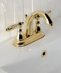 Four Inch Centerset Bathroom Faucet In Slick Polished Brass With Drip Free Ceramic Cartridge Includes Matching Pop Up Drain