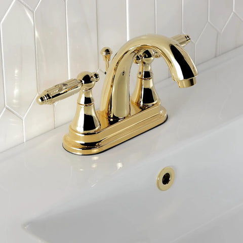 Four Inch Centerset Bathroom Faucet In Slick Polished Brass With Drip Free Ceramic Cartridge Includes Matching Pop Up Drain
